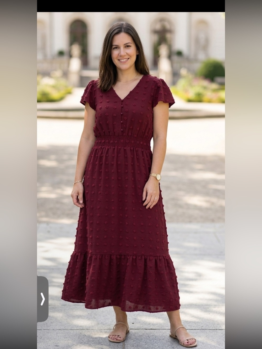Chic Style Burgundy Swiss Dot Smocked Waist Dress Large